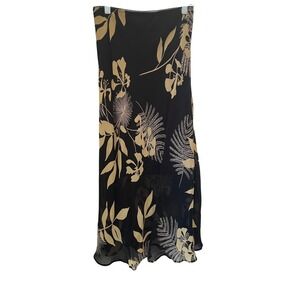 Tempo Paris Vtg 90s Midi Skirt Size S Black Floral Fern Georgette Made in USA